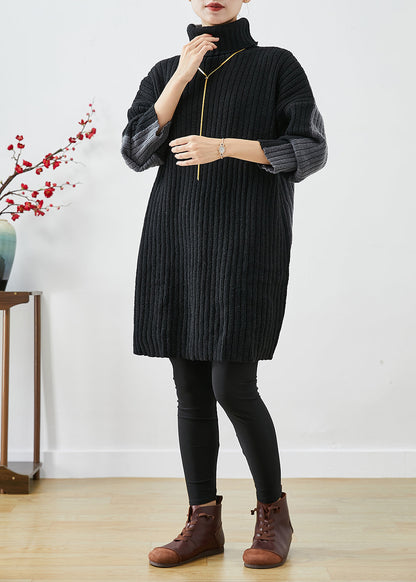 Italian Black Grey Turtle Neck Patchwork Knit Wear on Both Sides Sweater Dress Winter