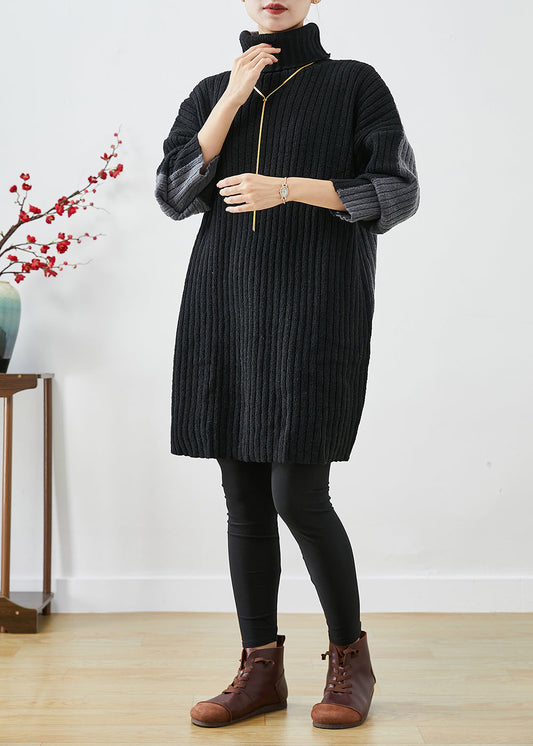 Italian Black Grey Turtle Neck Patchwork Knit Wear on Both Sides Sweater Dress Winter