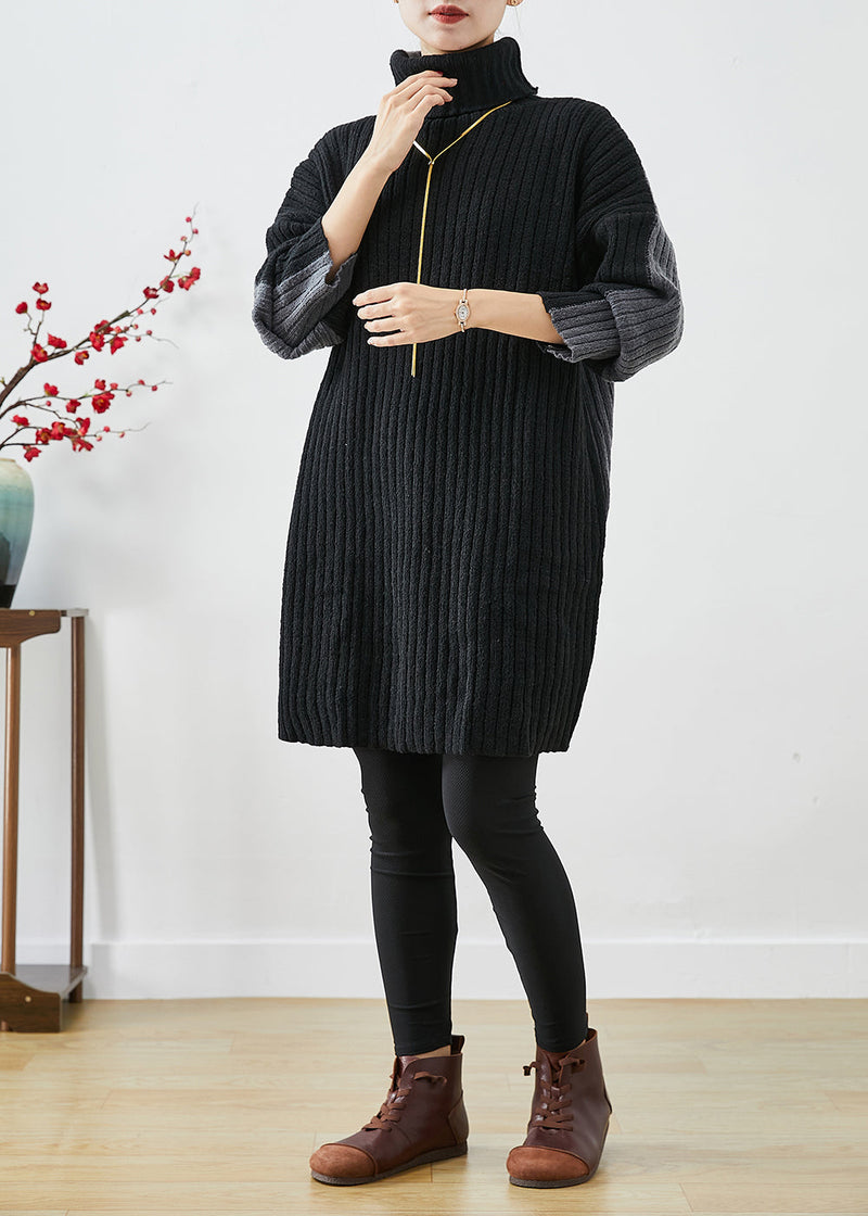Italian Black Grey Turtle Neck Patchwork Knit Wear on Both Sides Sweater Dress Winter