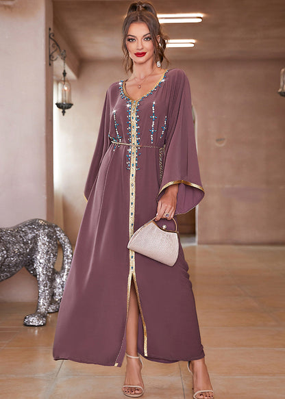 Purple Lace Patchwork Chiffon Robe Dresses Long Sleeve