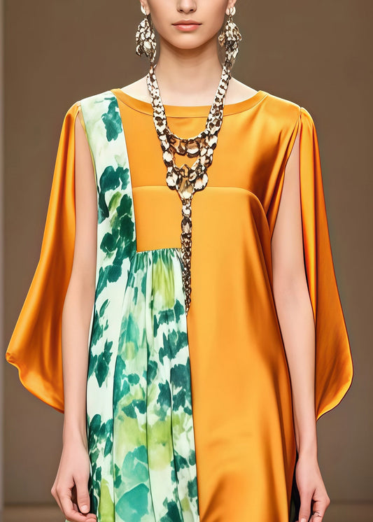 Fitted Golden Asymmetrical Patchwork Print Silk Maxi Dress Summer