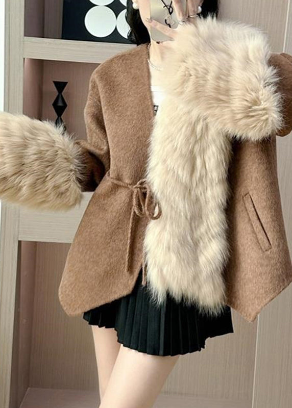 Caramel Fox Collar Patchwork Tie Waist Woolen Coats Fall