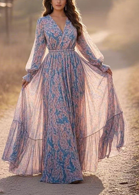 Blue Patchwork Tunic Chiffon Long Dresses Lantern Sleeve
