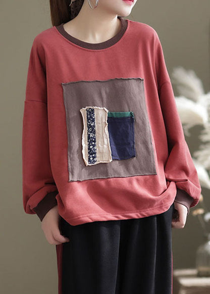 Red O-neck Patch Applique Cotton Shirt Spring