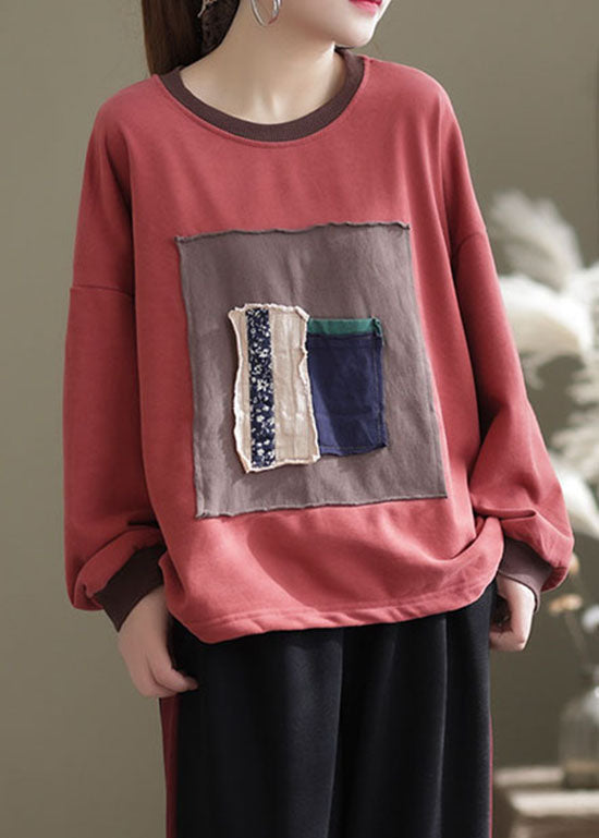 Red O-neck Patch Applique Cotton Shirt Spring