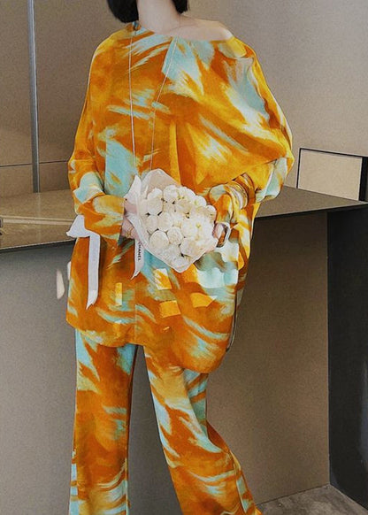 Italian Yellow Print Silk Two Piece Set Clothing Long Sleeve