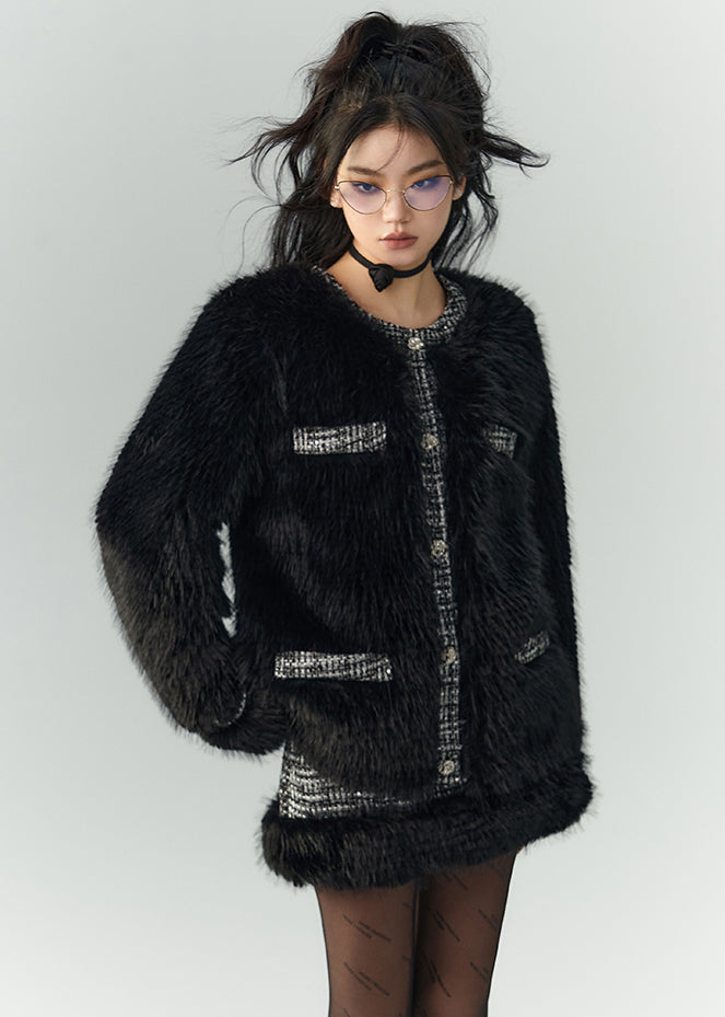 Black Patchwork Leather and Fur Two Pieces Set O Neck Long Sleeve