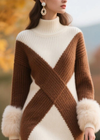 White Turtle Neck Patchwork Faux Fur Knit Dress Winter