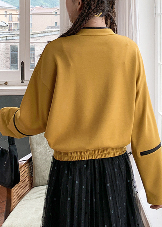 Yellow Stand Collar Print Button Sweatshirt Long Sleeve