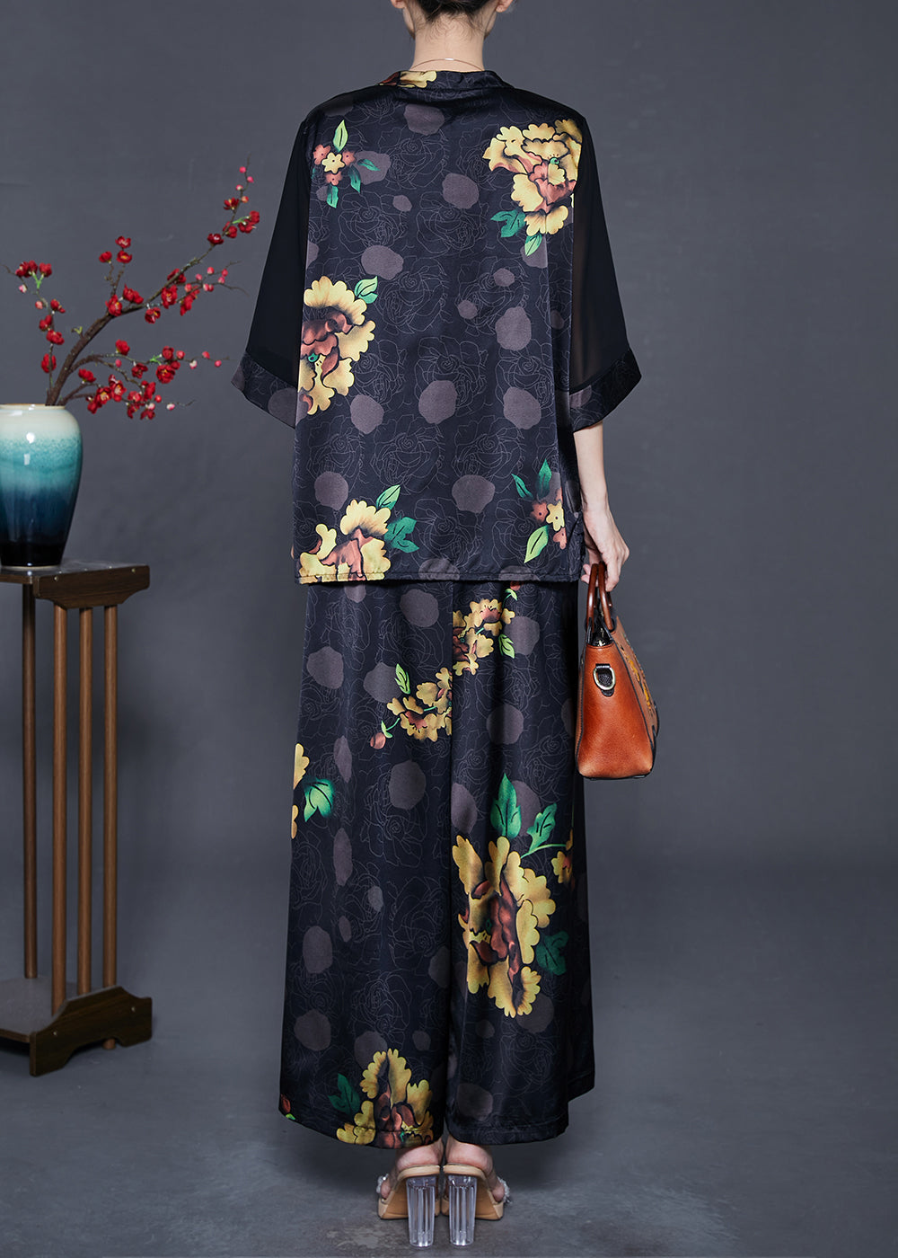 Black Oversized Print Draping Silk Two Pieces Set