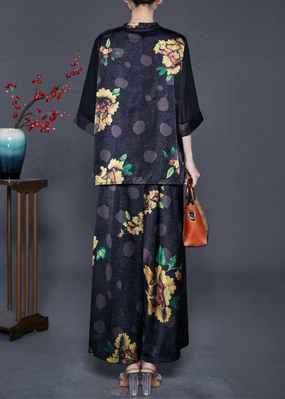 Black Oversized Print Draping Silk Two Pieces Set