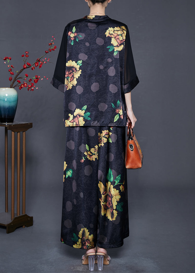 Black Oversized Print Draping Silk Two Pieces Set