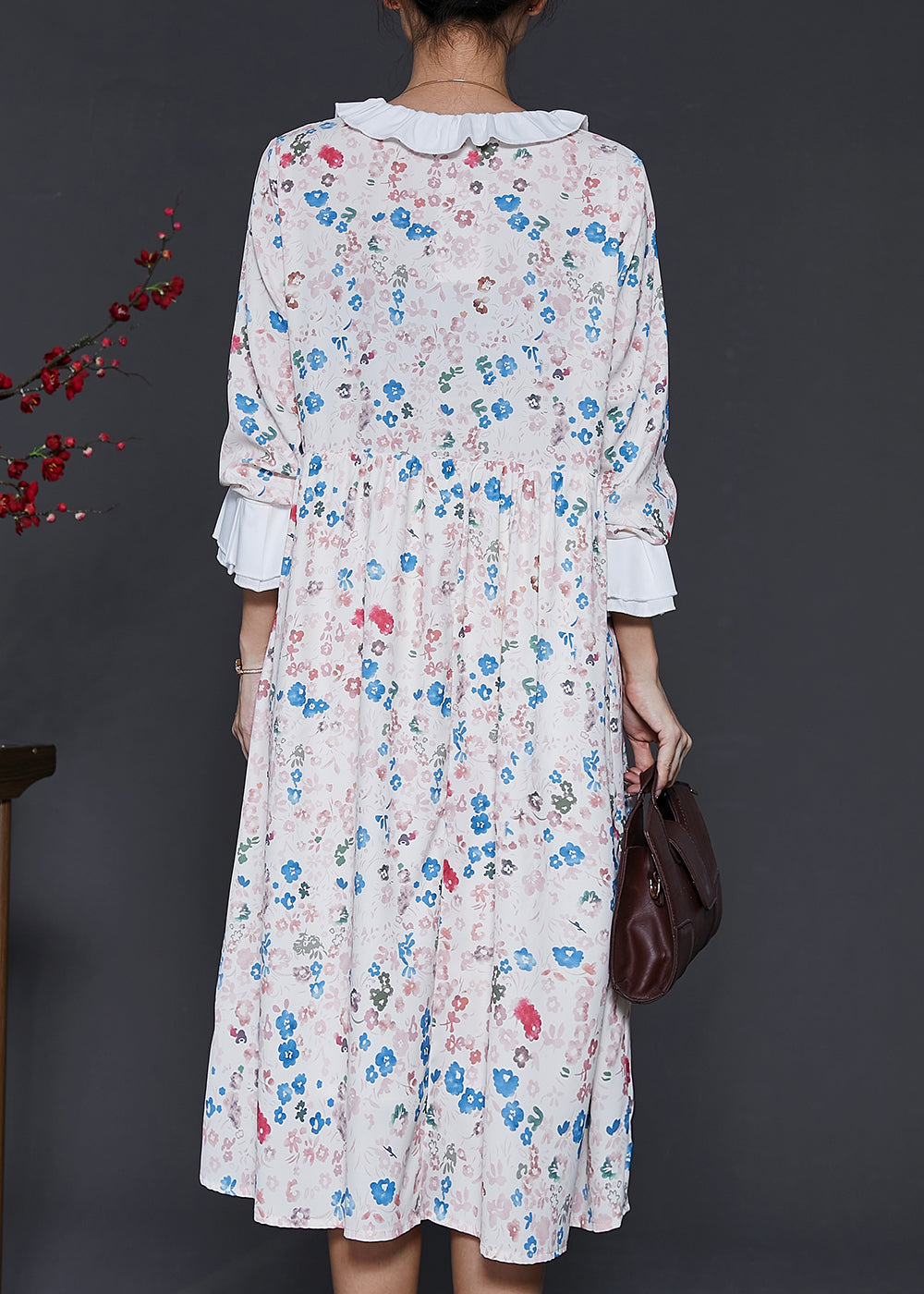 Apricot Peter Pan Collar Print Cotton Dresses Spring