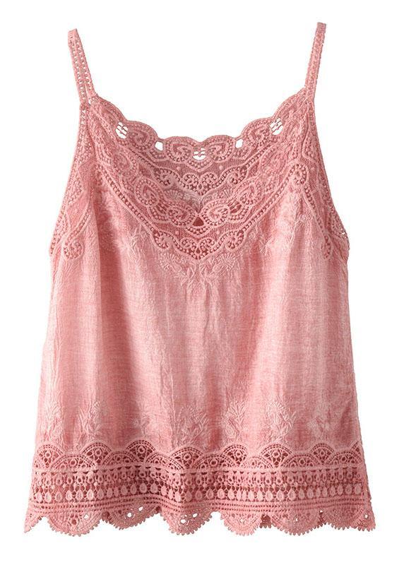 Pink Embroideried Lace Hollow Out Summer Cotton Vest Sleeveless