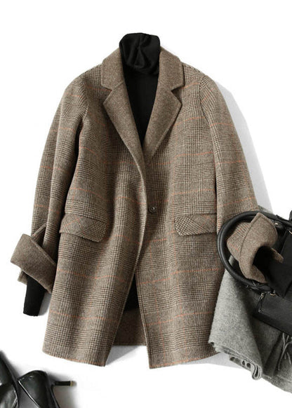 Chocolate Peter Pan Collar Plaid Woolen Coats Spring