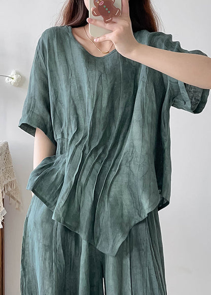 Unique Green Asymmetrical Wrinkled Tie Dye Linen Sets 2 Pieces Fall