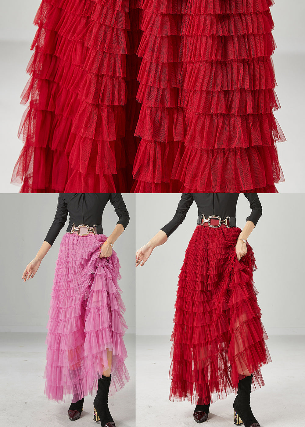 Organic Red Elastic Waist Layered Tulle a Line Skirt Summer
