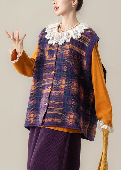 Organic Purple Plaid O-neck Cotton Knit Waistcoat Sleeveless Spring
