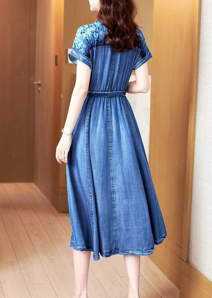 Blue Peter Pan Collar Print Patchwork Button Sashes Cotton Vacation Denim Long Dresses Summer