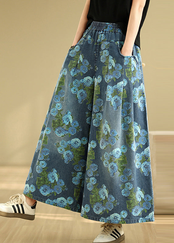 Blue Print Pockets Denim Drop Wide Leg Pants