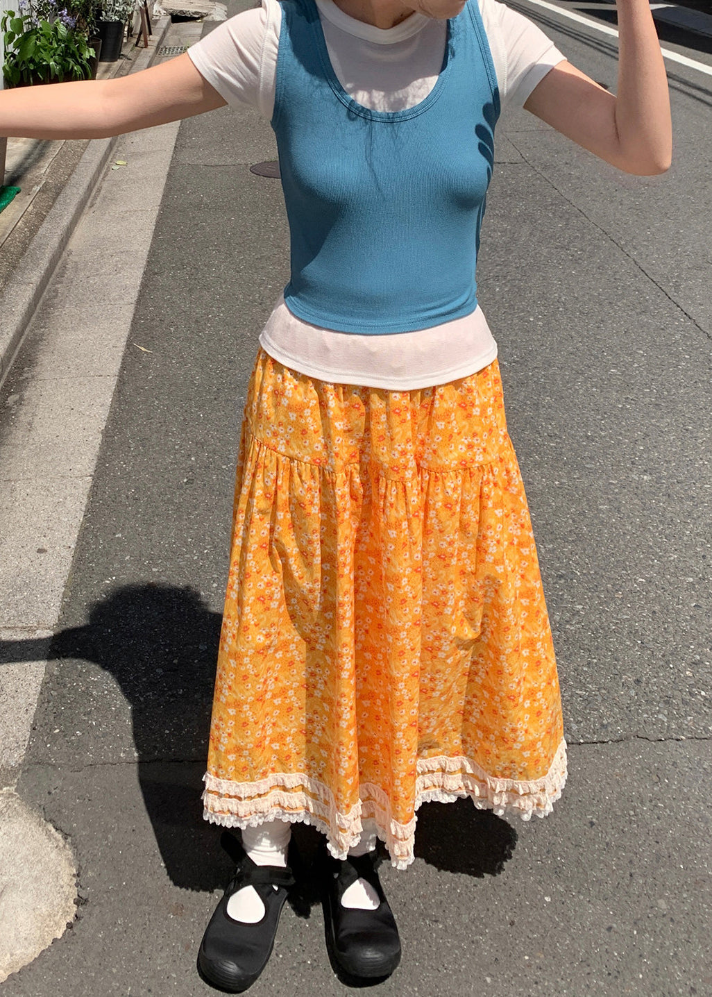 Yellow Print Lace Patchwork Cotton Skirt Summer