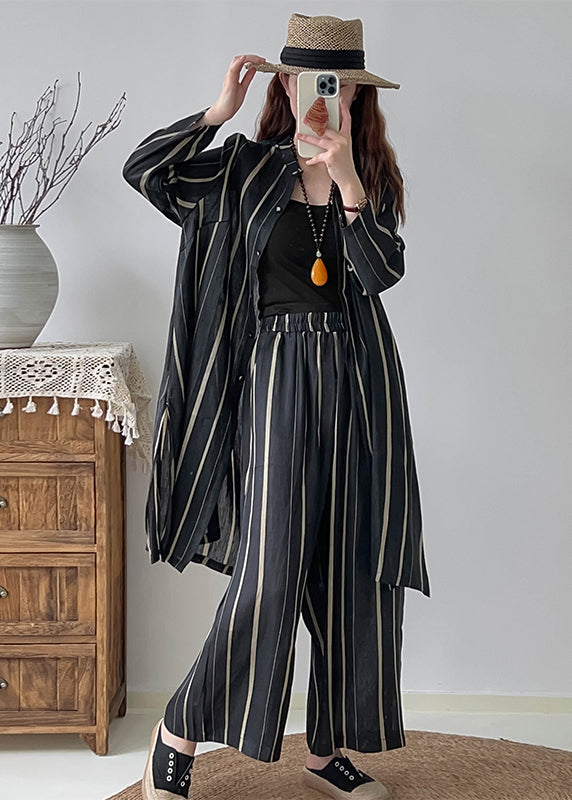 Black Oversized Striped Linen Silk Two Pieces Set Fall