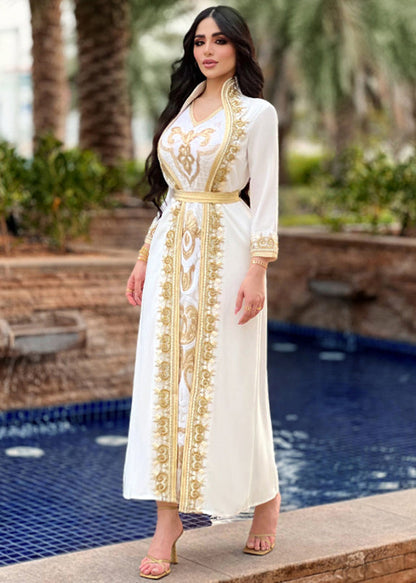 Diy White Stand Collar Lace Patchwork Vacation Maxi Dresses Long Sleeve