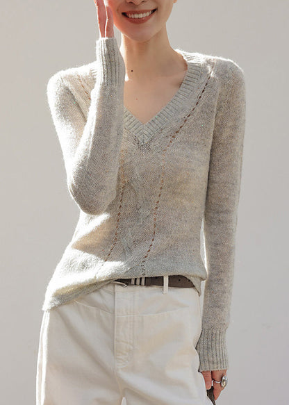 Grey V Neck Hollow Out Knit Top Spring