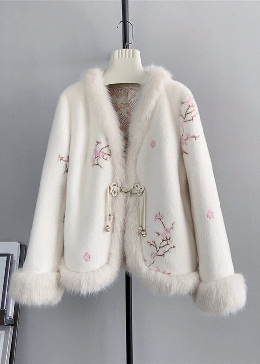 Pink V Neck Embroideried Fox Fur Mink Cashmere Coat Winter