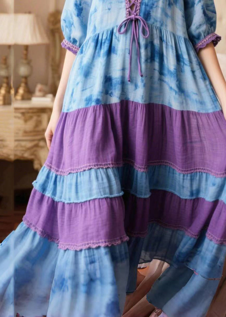 Blue Tie Dye Patchwork Cross Strap Holiday Dress Summer
