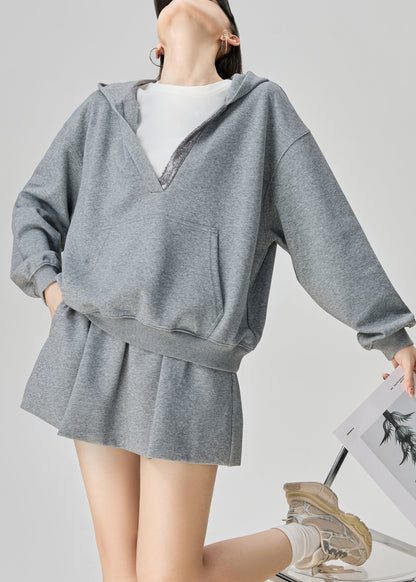 Grey Hooded Sweatshirt and Skirts Cotton Two Pieces Set Fall