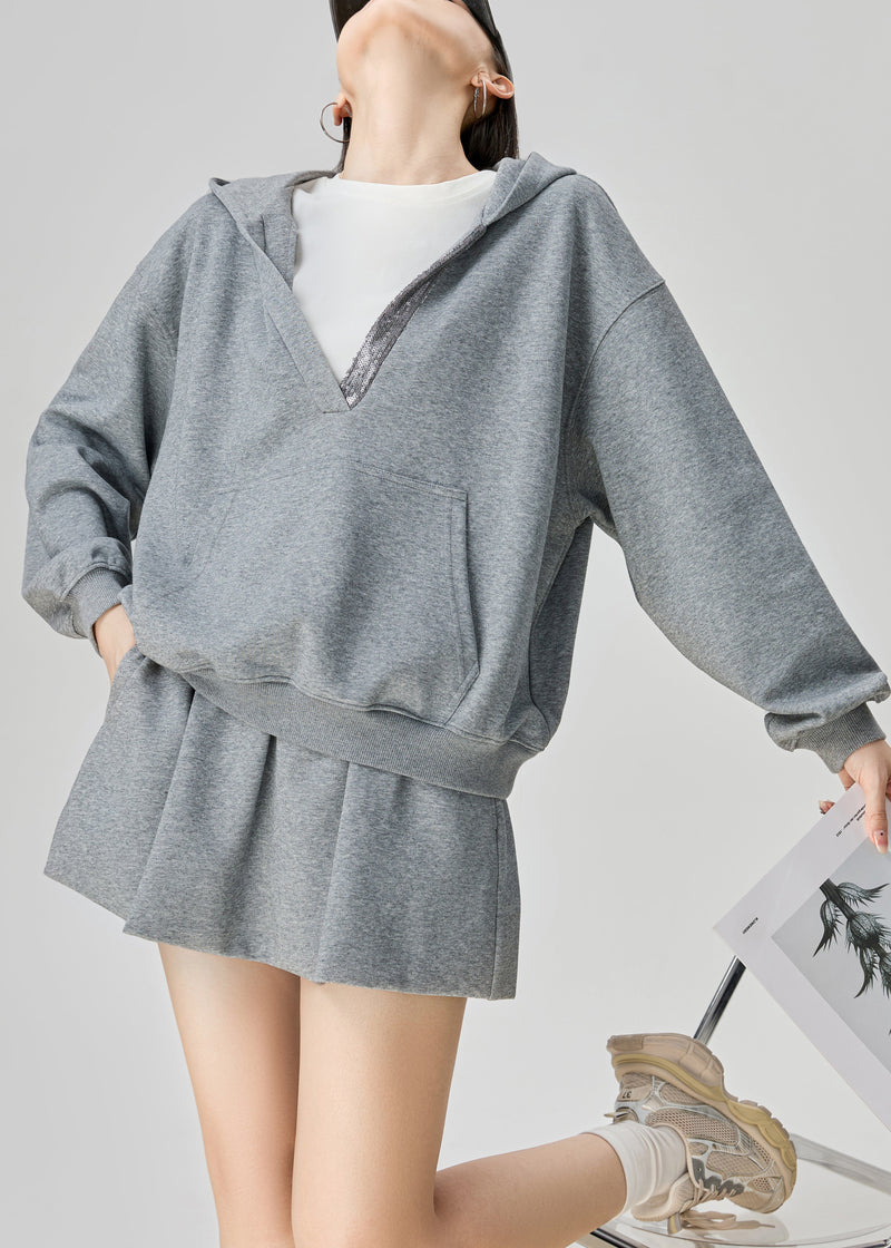 Grey Hooded Sweatshirt and Skirts Cotton Two Pieces Set Fall