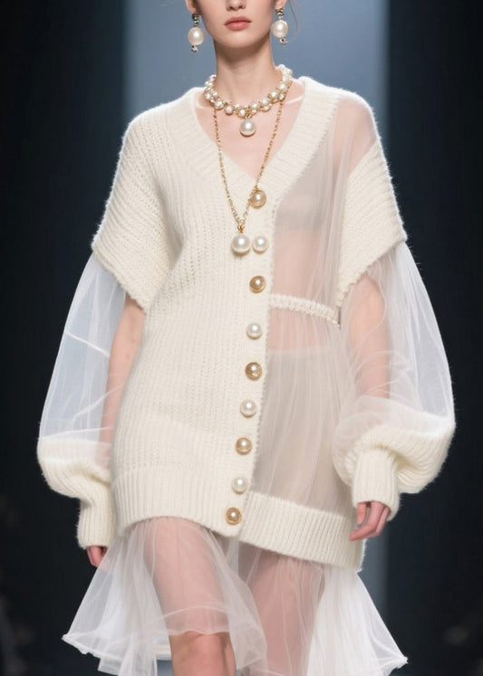 White Asymmetrical Patchwork Tulle Knitwear Dress Fall