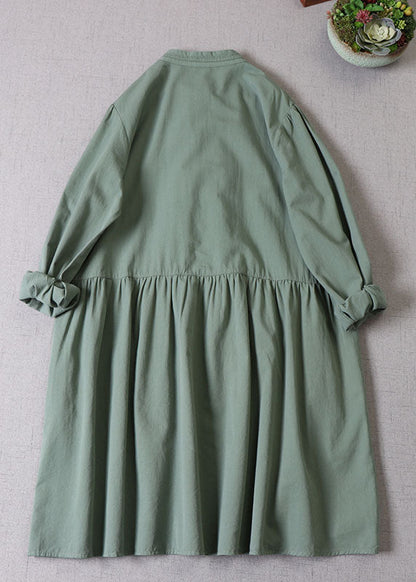 Tea Green Ruffled Button Cotton Dress Long Sleeve