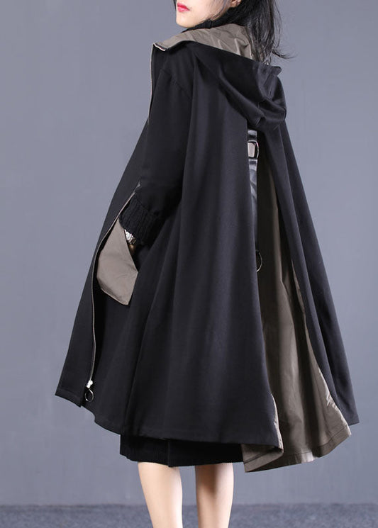 Black Hooded Patchwork Cotton Coat Spring