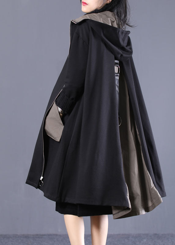 Black Hooded Zip Up Pockets Patchwork Cotton Trench Coats Outwear Fall
