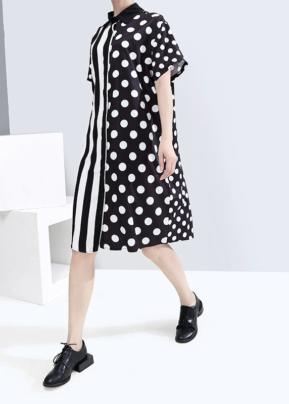 Black Button Peter Pan Collar Striped Dot Patchwork Shirt Dresses Spring