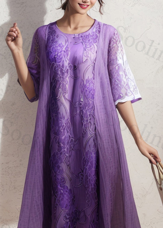 Italian Purple O Neck Print Patchwork Silk Dresses Summer