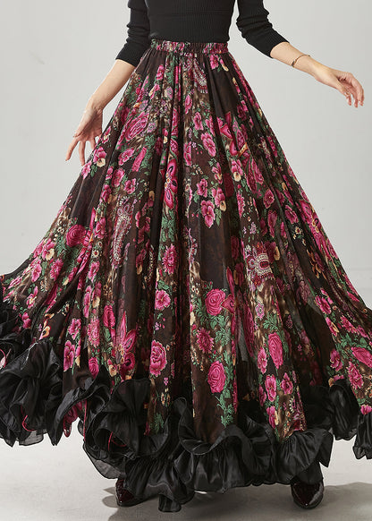 Brown Ruffled Print Exra Large Hem Chiffon Skirts Spring