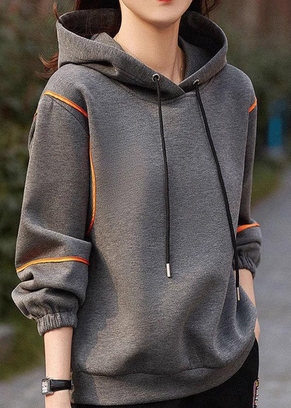 Grey Hooded Lace Up Patchwork Cotton Sweatshirts Long Sleeve