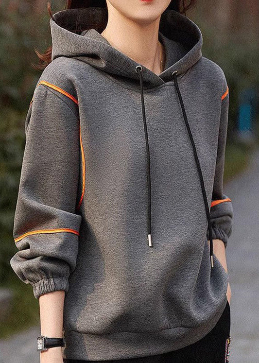 Grey Hooded Lace Up Patchwork Cotton Sweatshirts Long Sleeve