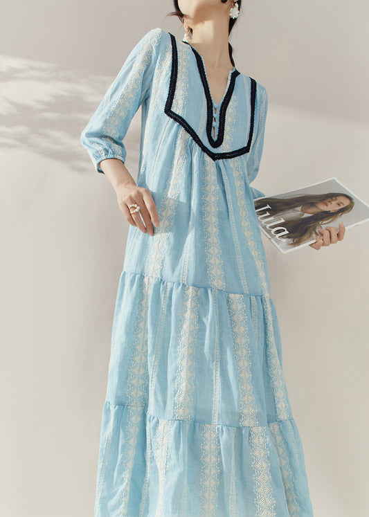 Blue V Neck Print Cotton Holiday Dress Half Sleeve