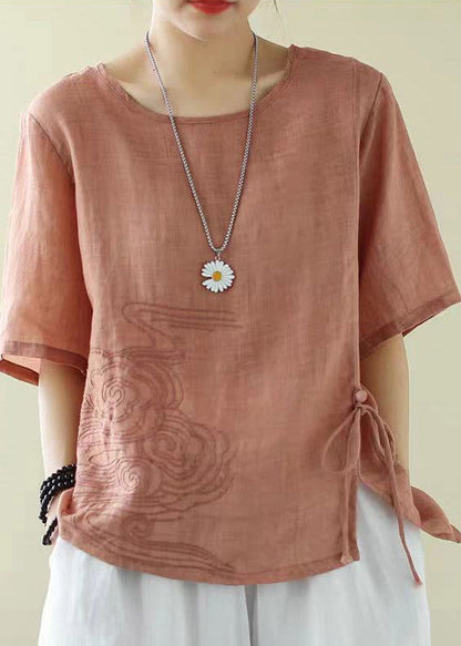 Classy Orange O-neck Embroideried Drawstring Low High Design Cotton Tops Short Sleeve