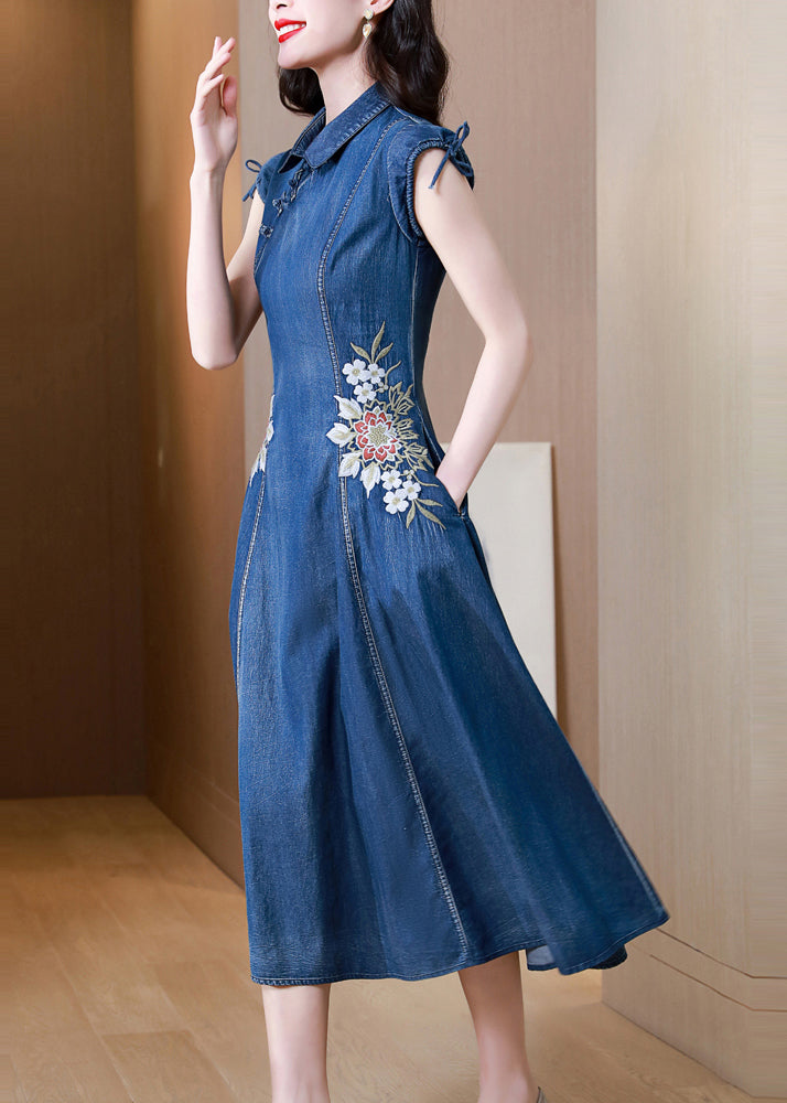 Blue Embroideried Pockets Patchwork Denim Dresses Summer
