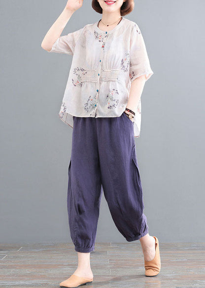 Apricot Wrinkled Print Linen Two Piece Set Outfits Short Sleeve