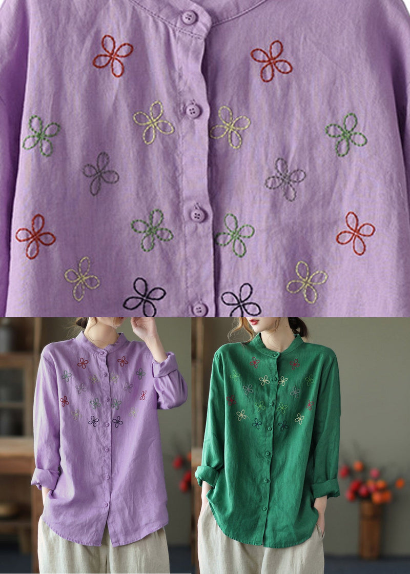 Purple Stand Collar Embroideried Linen Shirt Long Sleeve