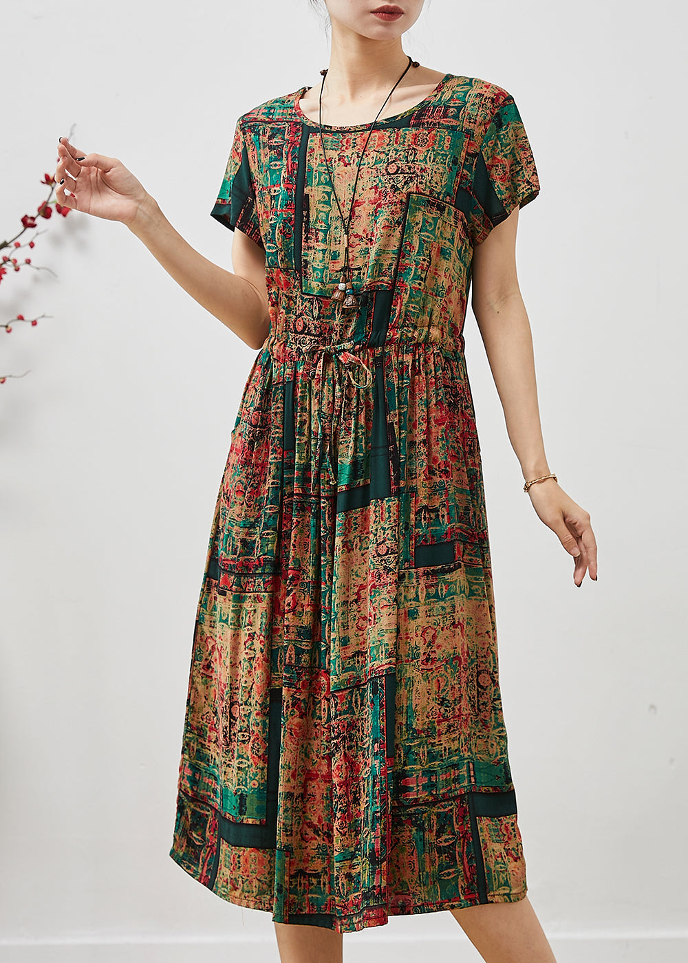 Brown Cinched Print Cotton Maxi Dresses Summer