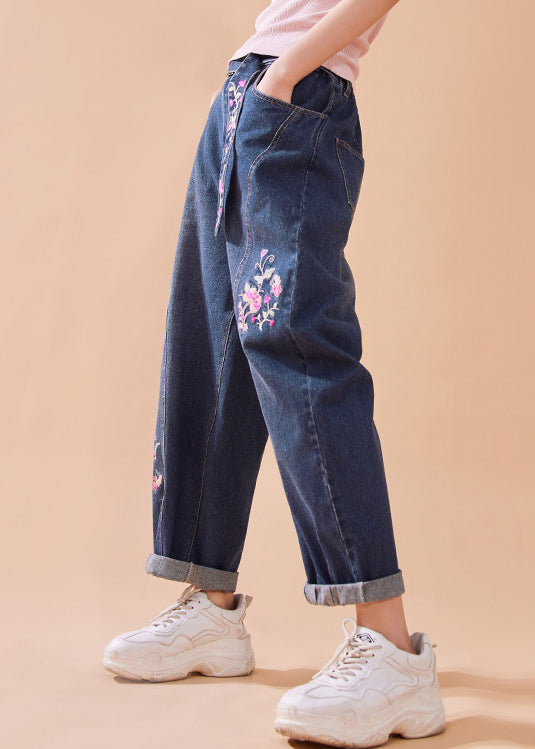 Denim Blue Embroideried Button Pockets Zippered Wide Leg Pants Summer