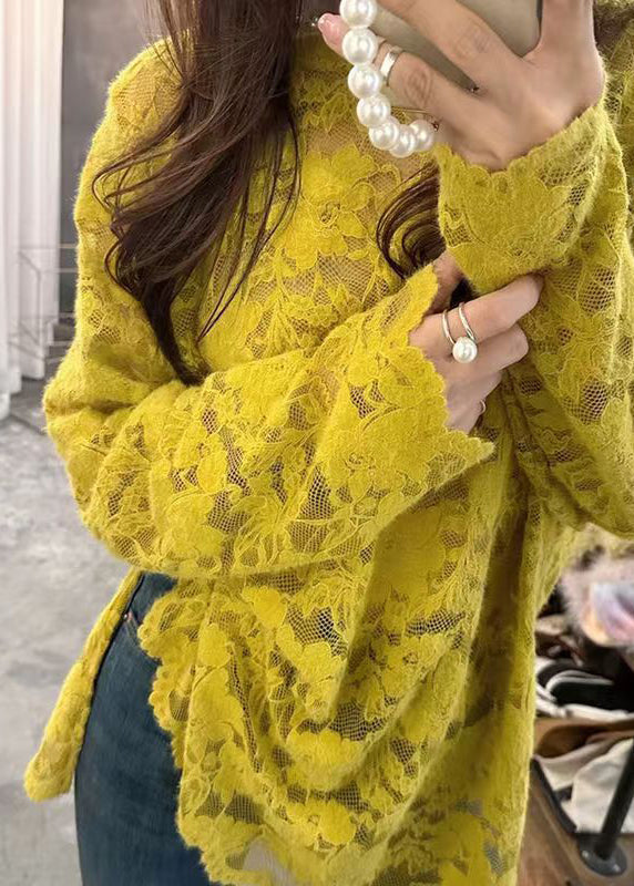 Yellow O Neck Hollow Out Lace Top Long Sleeve