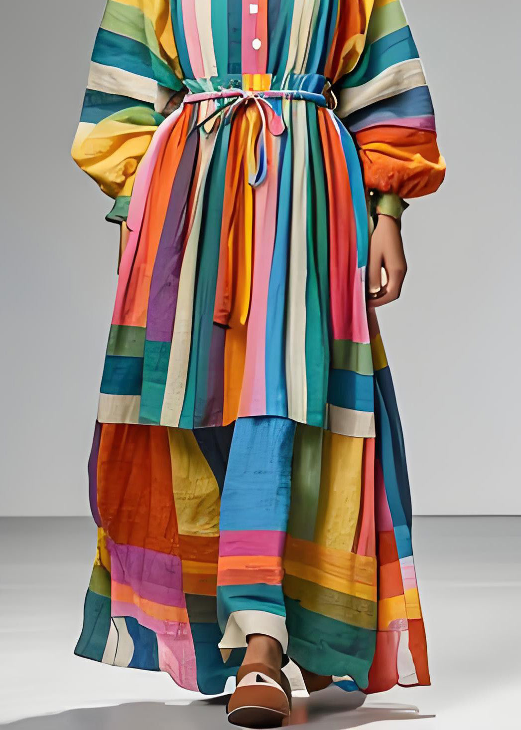 Colorblock Square Collar Tie Waist Patchwork Cotton Dress Long Sleeve